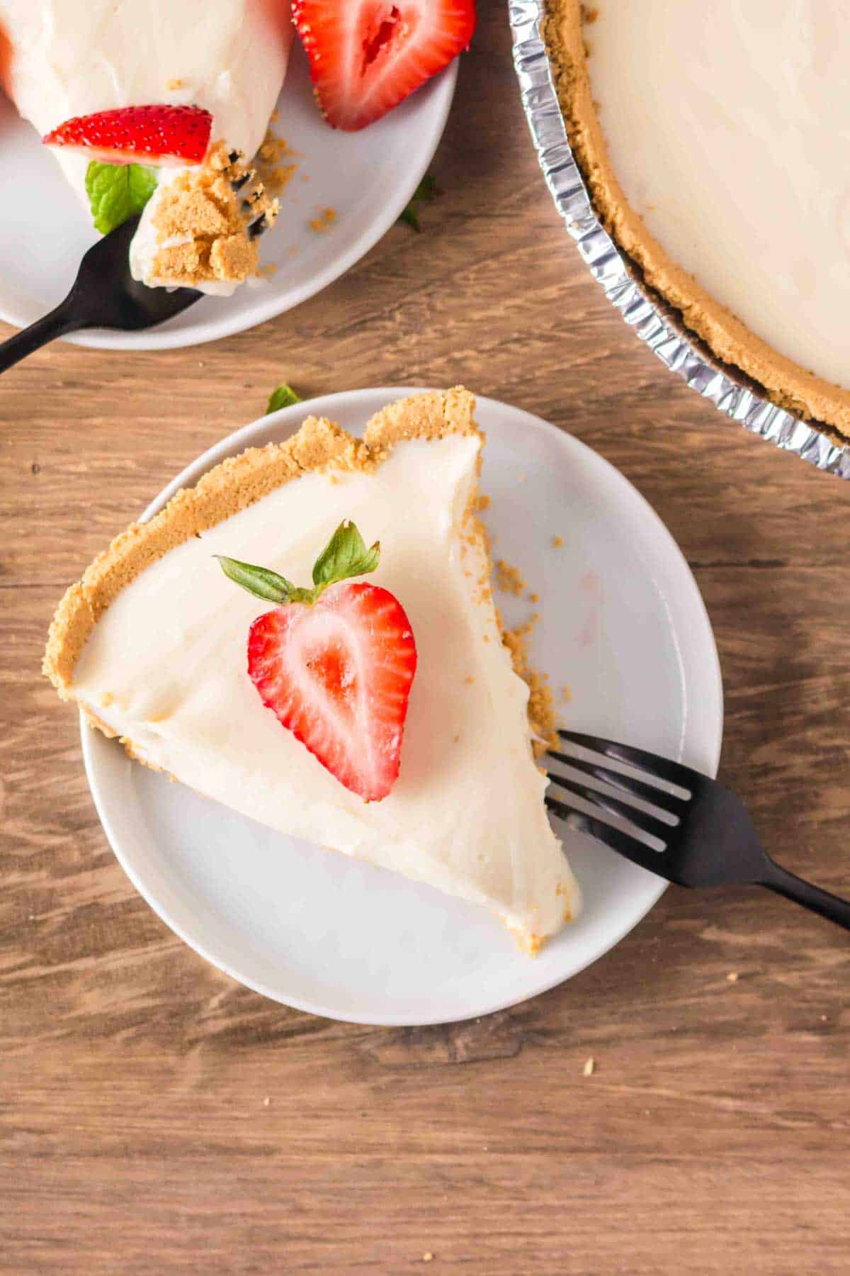 3 Ingredient Cheesecake is an easy no bake dessert recipe made with a graham pie crust, cream cheese and sweetened condensed milk.