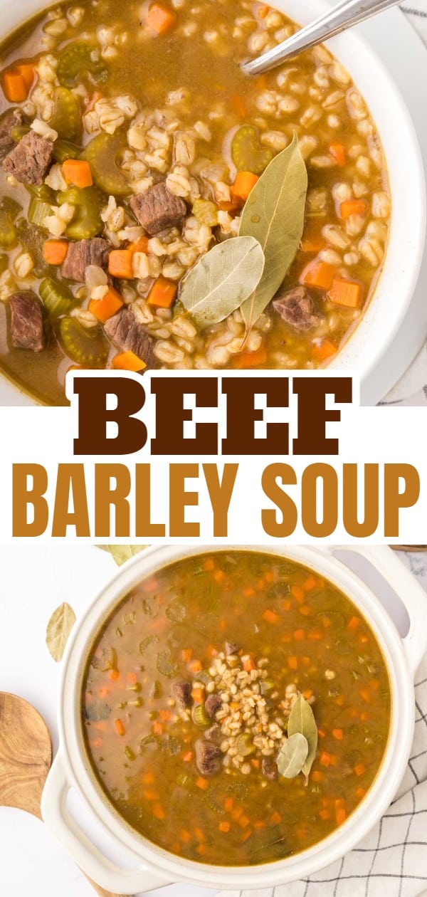 Beef Barley Soup is a hearty soup recipe loaded with chunks of beef, barley, carrots, onion and celery all in a flavourful beef broth with red wine.