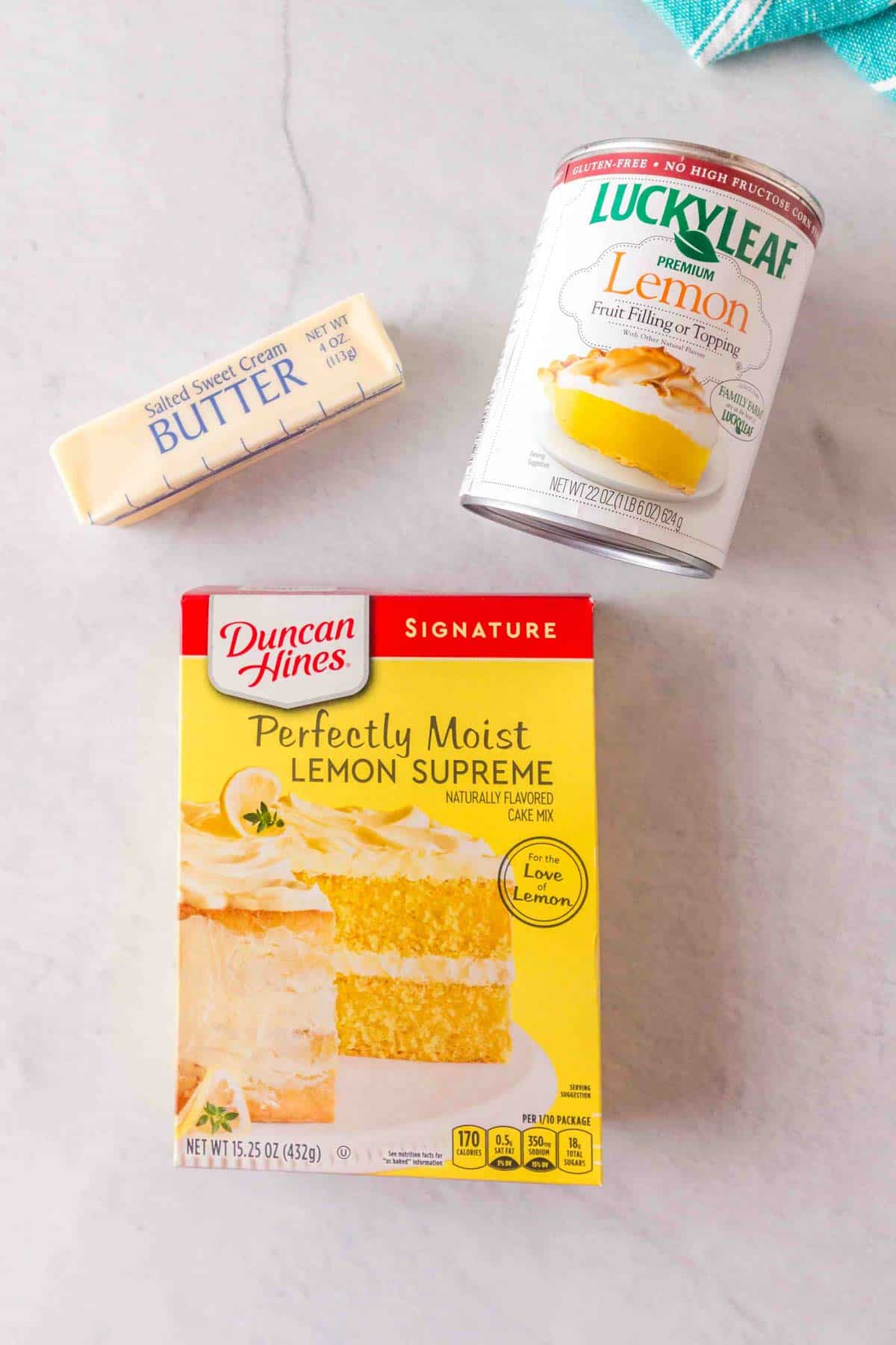 3 ingredient lemon bar ingredients on a counter