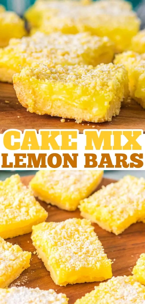 Cake Mix Lemon Bars are a sweet and tangy three ingredient dessert recipe made with boxed lemon cake mix, butter and lemon pie filling.