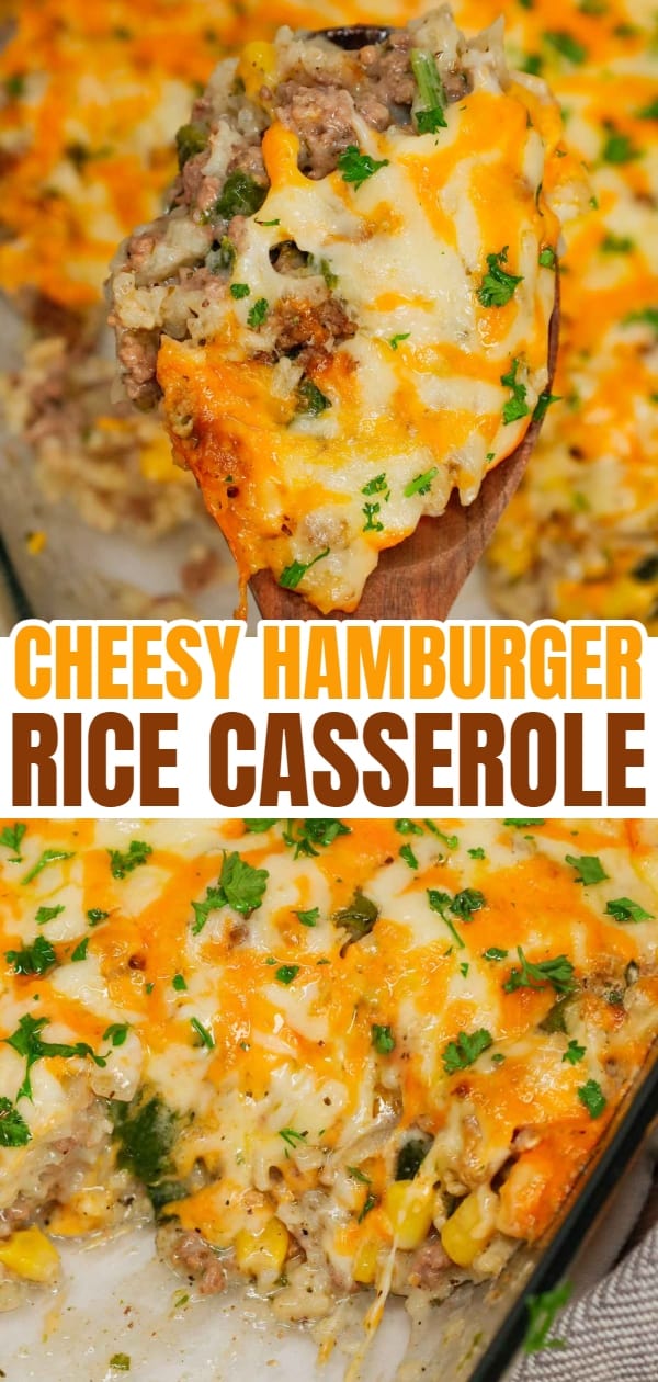 Cheesy Hamburger Rice Casserole is a hearty casserole loaded with ground beef, instant rice, frozen chopped spinach, corn, cream of mushroom soup, shredded cheddar and mozzarella cheese.