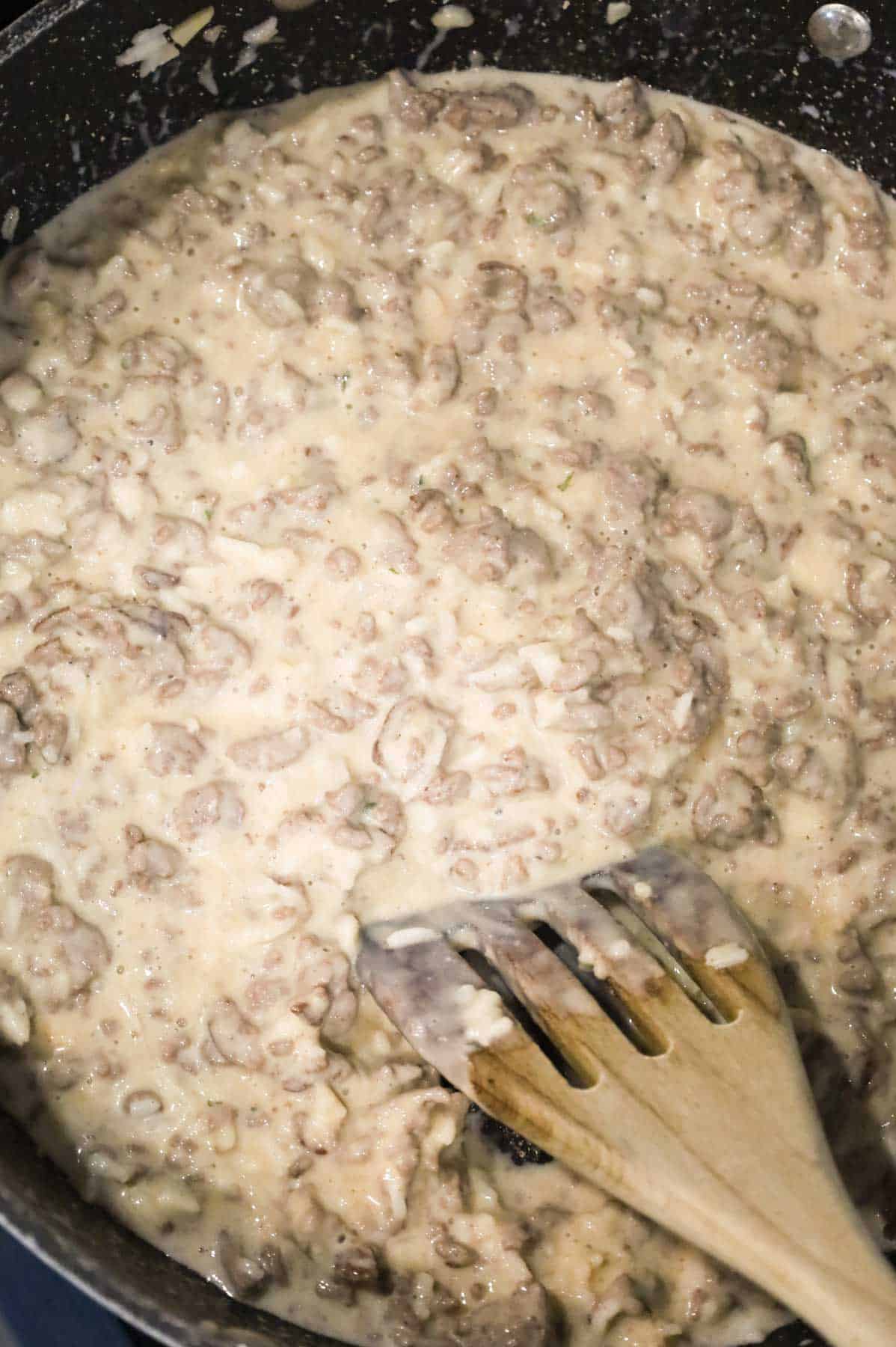 creamy ground beef mixture in a skillet