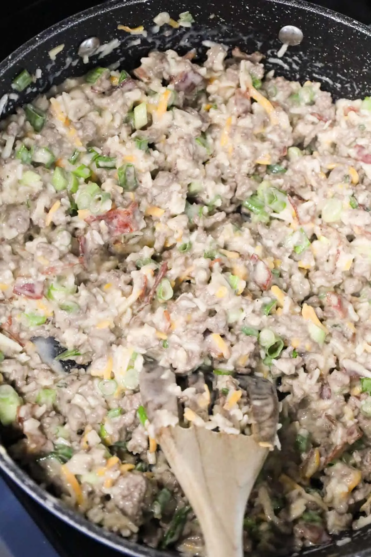 creamy ground beef and rice mixture with bacon