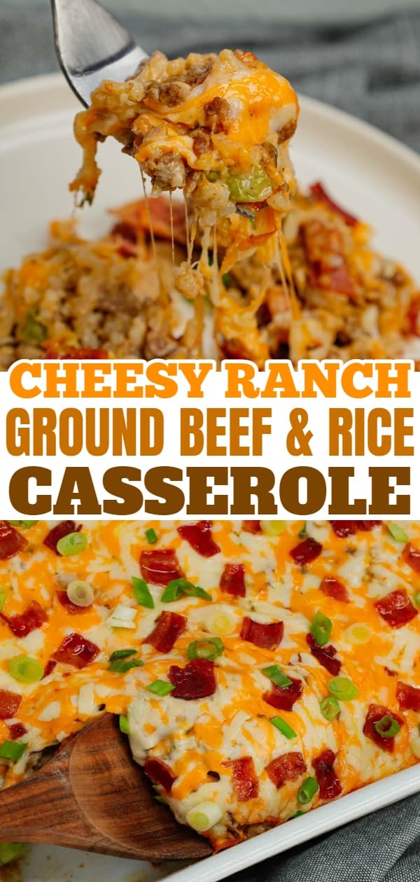 Cheesy Ranch Ground Beef and Rice Casserole is a hearty dinner recipe loaded with ground beef, instant rice, bacon, cheddar soup, milk, ranch dressing mix, chopped green onions and shredded cheese.