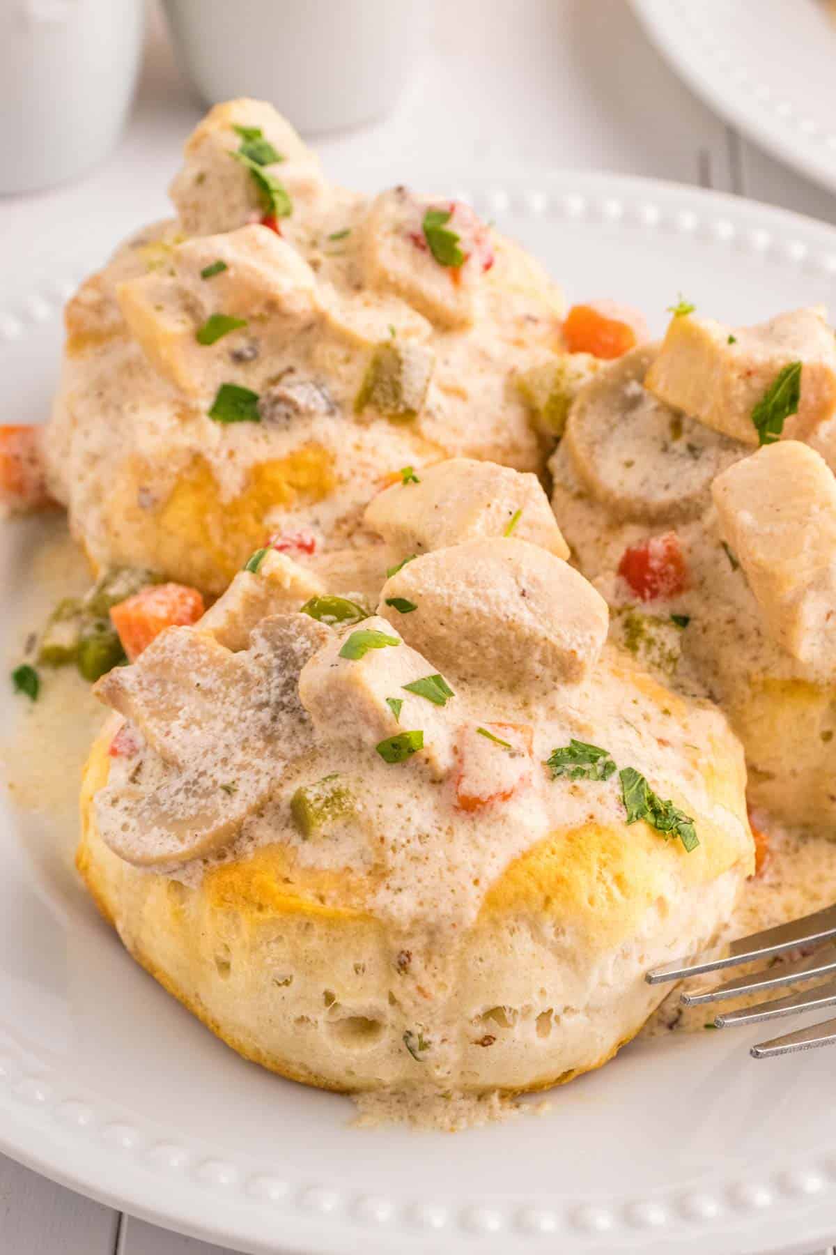 Crock Pot Chicken a la King is an easy slow cooker chicken dinner recipe loaded with chunks of chicken, bell peppers, mushrooms, peas, carrots and pimentos all in a creamy sauce that can be served over biscuits, rice or noodles.