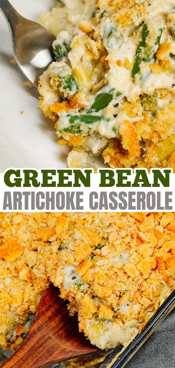 Green Bean Artichoke Casserole is a delicious holiday side dish recipe loaded with cut green beans, artichoke hears, cream cheese, sour cream, mozzarella cheese and parmesan cheese with a crushed Ritz cracker topping.