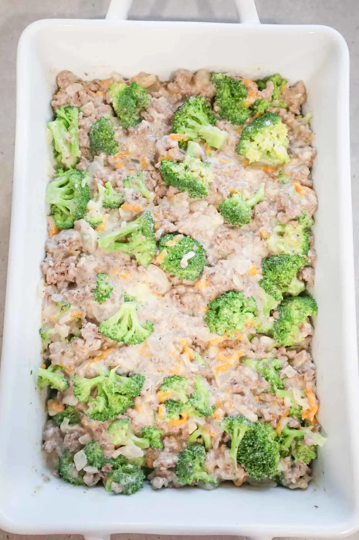 creamy ground beef and broccoli mixture in a casserole
