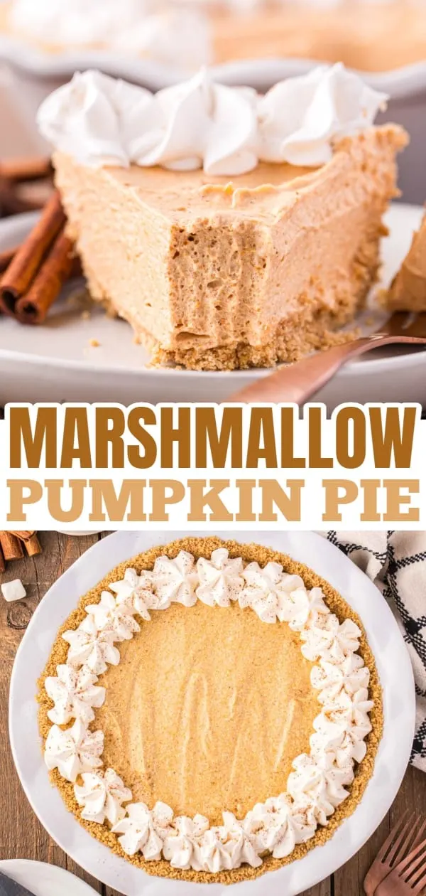 Marshmallow Pumpkin Pie is a delicious no bake pumpkin pie recipe with a graham crust and a filling made from marshmallow fluff, pumpkin puree and Cool Whip.