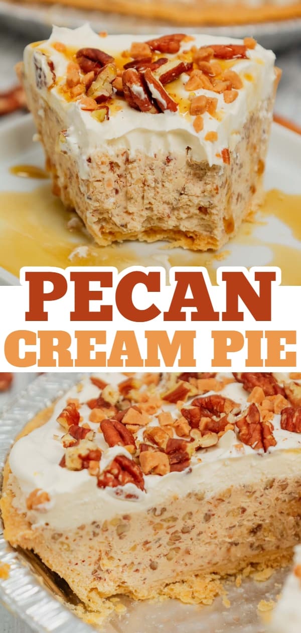 Pecan Cream Pie is an easy dessert recipe using a store bought pie crust and a filling made from cream cheese, crushed pecans, toffee bits, maple syrup, brown sugar and Cool Whip.