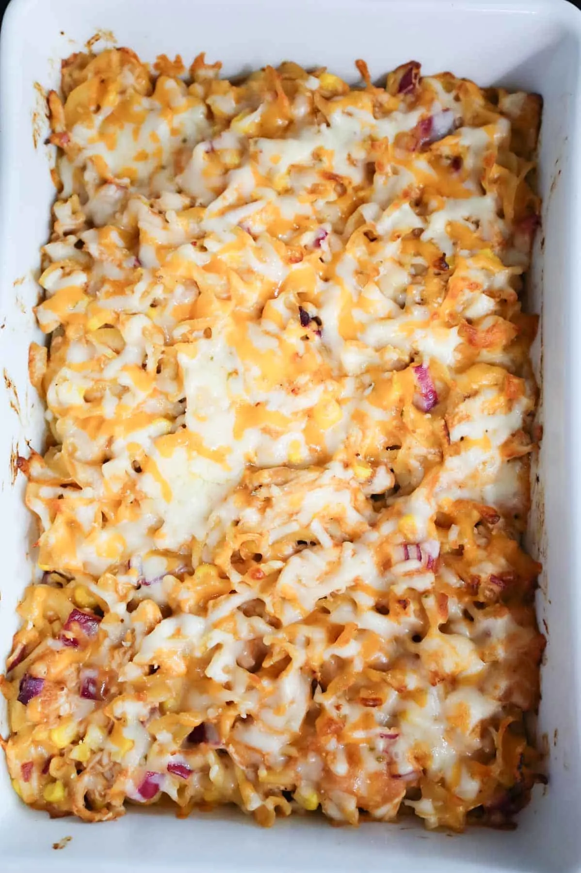 cheesy barbecue chicken casserole after baking