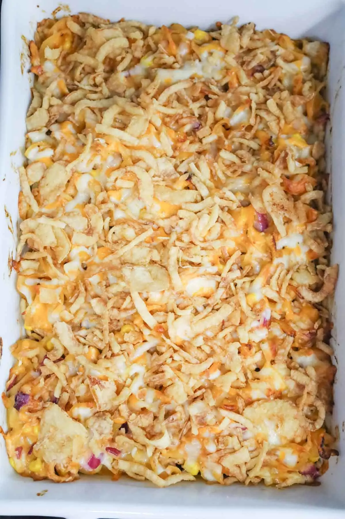 French's crispy fried onions on top of cheesy barbecue chicken casserole