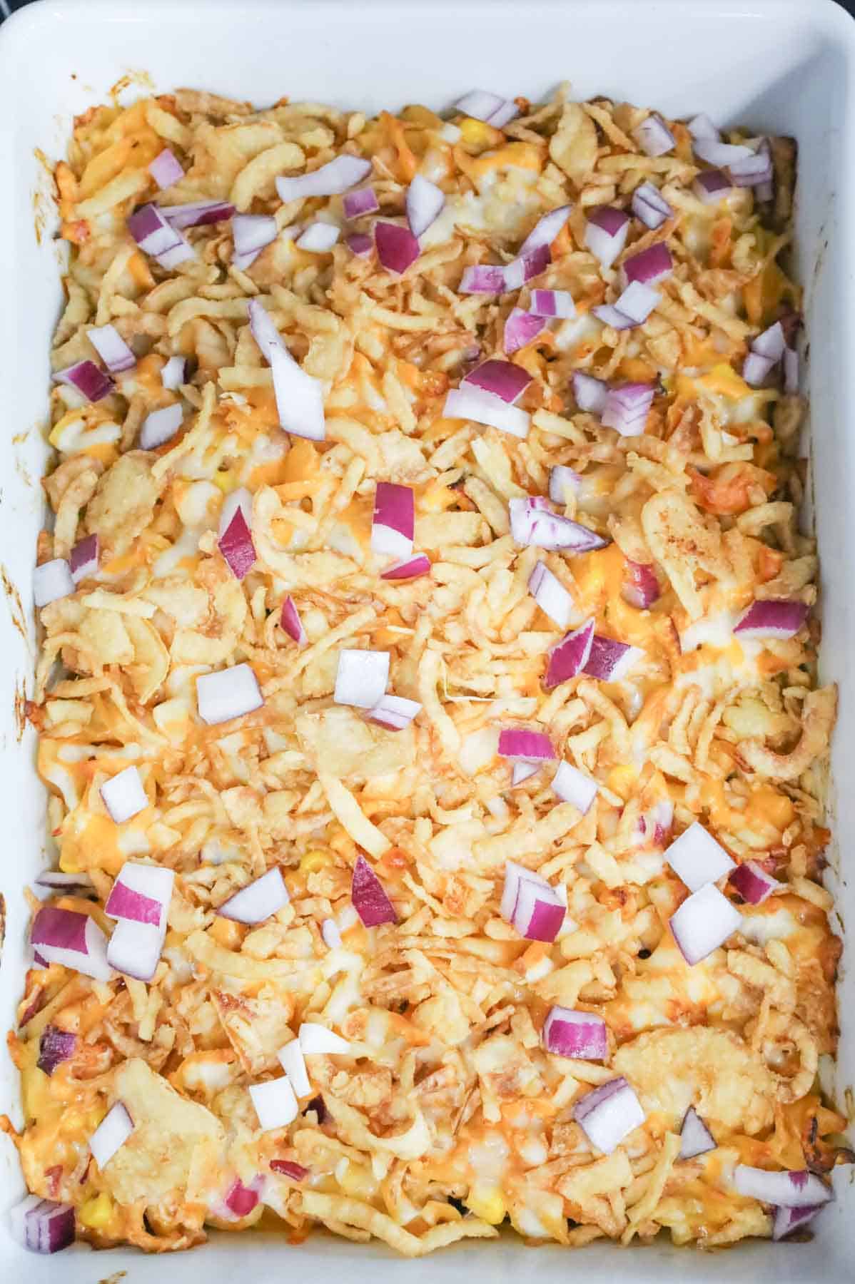 diced red onions and French's crispy fried onions on top