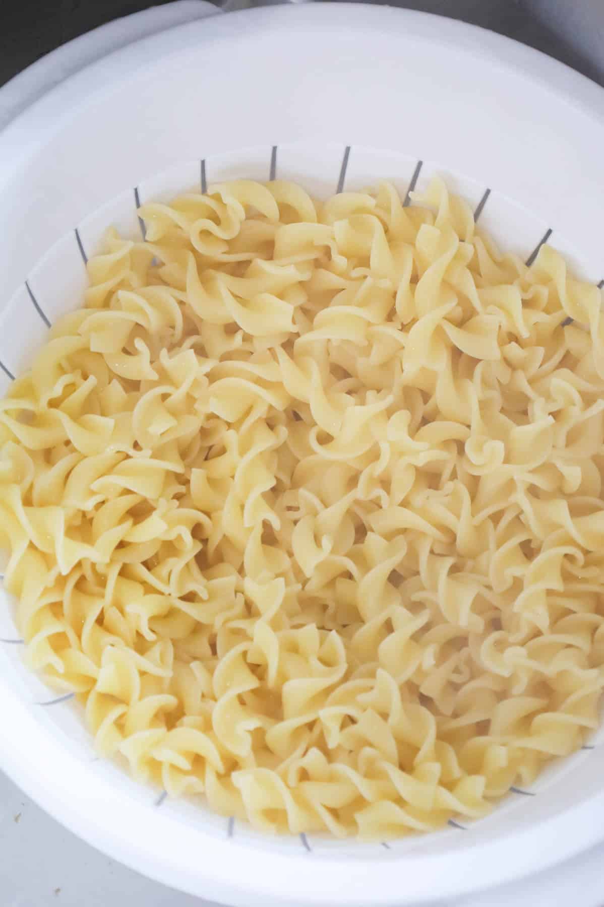 cooked egg noodles in a colander