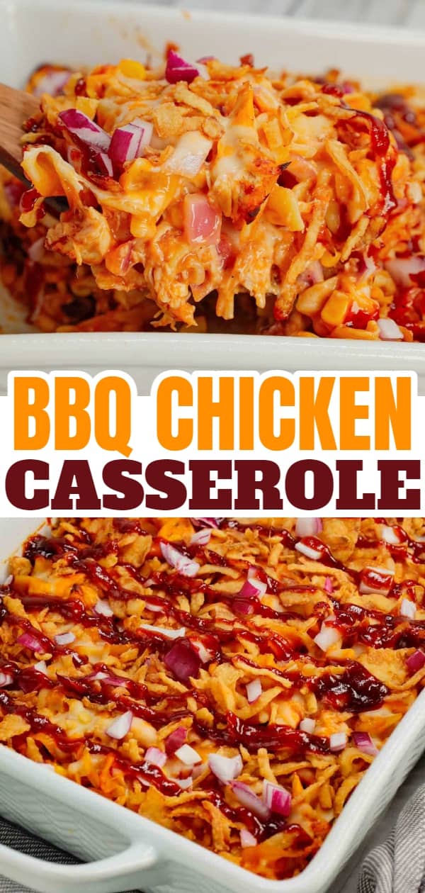 BBQ Chicken Casserole is a hearty dish loaded with egg noodles, shredded rotisserie chicken, diced red onions, corn, cream of chicken soup, barbecue sauce, cheese and French's crispy fried onions.