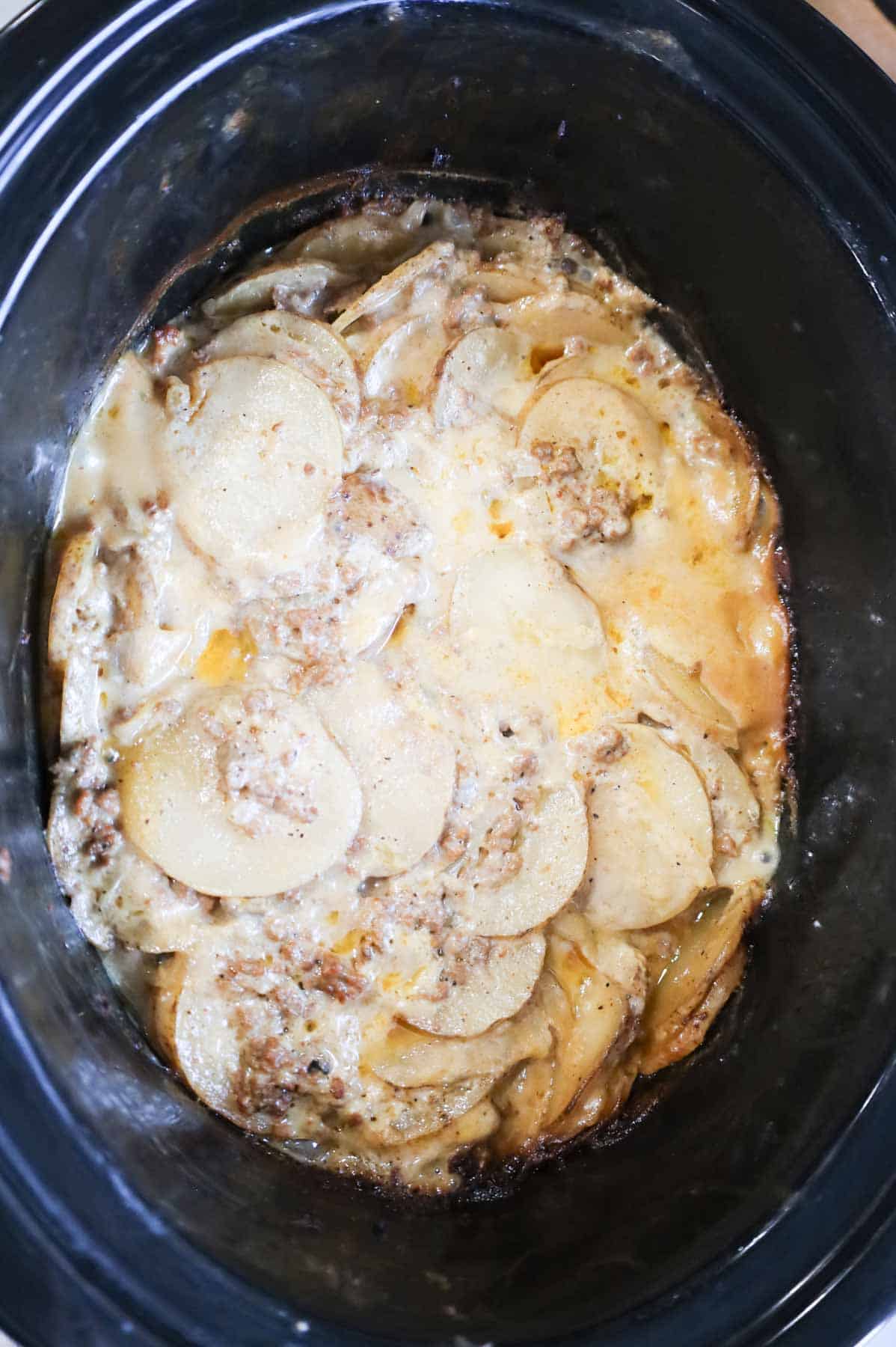 hamburger and potato mixture after cooking in slow cooker