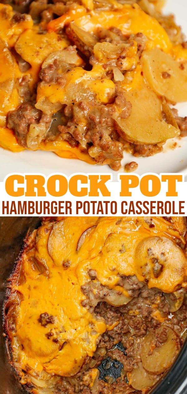 Crock Pot Hamburger Potato Casserole is a hearty slow cooker dinner loaded with ground beef, sliced potatoes, sliced onions, cheddar soup, cream of mushroom soup and shredded cheddar cheese.