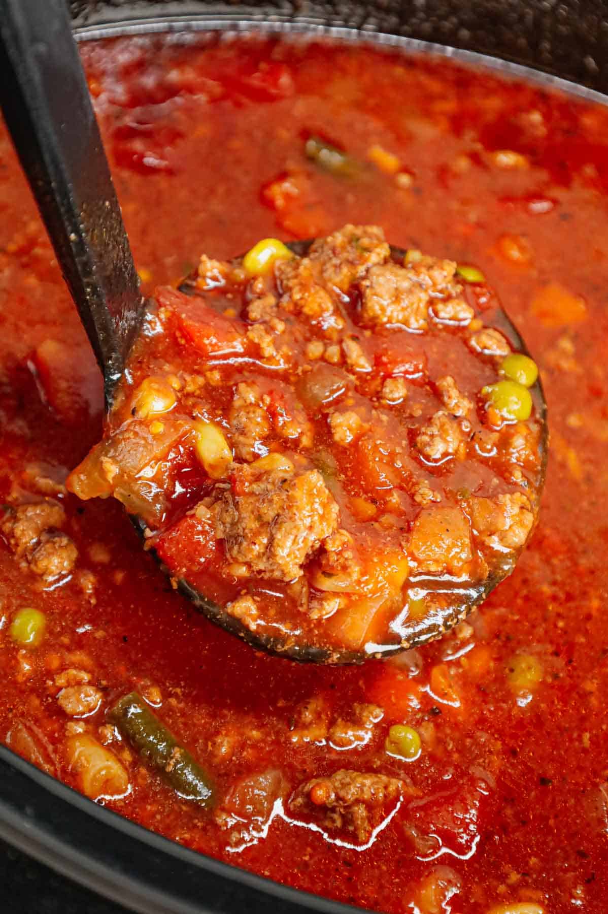 Crock Pot Hamburger Soup is hearty slow cooker dish loaded with ground beef, frozen mixed vegetables, diced tomatoes, tomato sauce and beef broth.