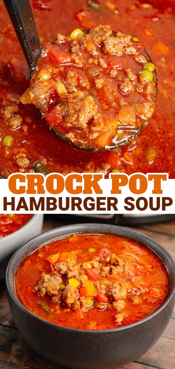 Crock Pot Hamburger Soup is hearty slow cooker dish loaded with ground beef, frozen mixed vegetables, diced tomatoes, tomato sauce and beef broth.