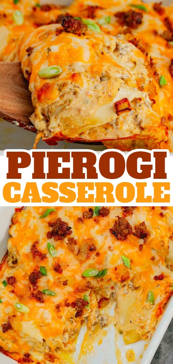 Pierogi Casserole is a hearty dinner recipe loaded with crumbled Italian sausage, onions, three cheese pierogies, cream cheese, Alfredo sauce, shredded mozzarella and cheddar cheese.