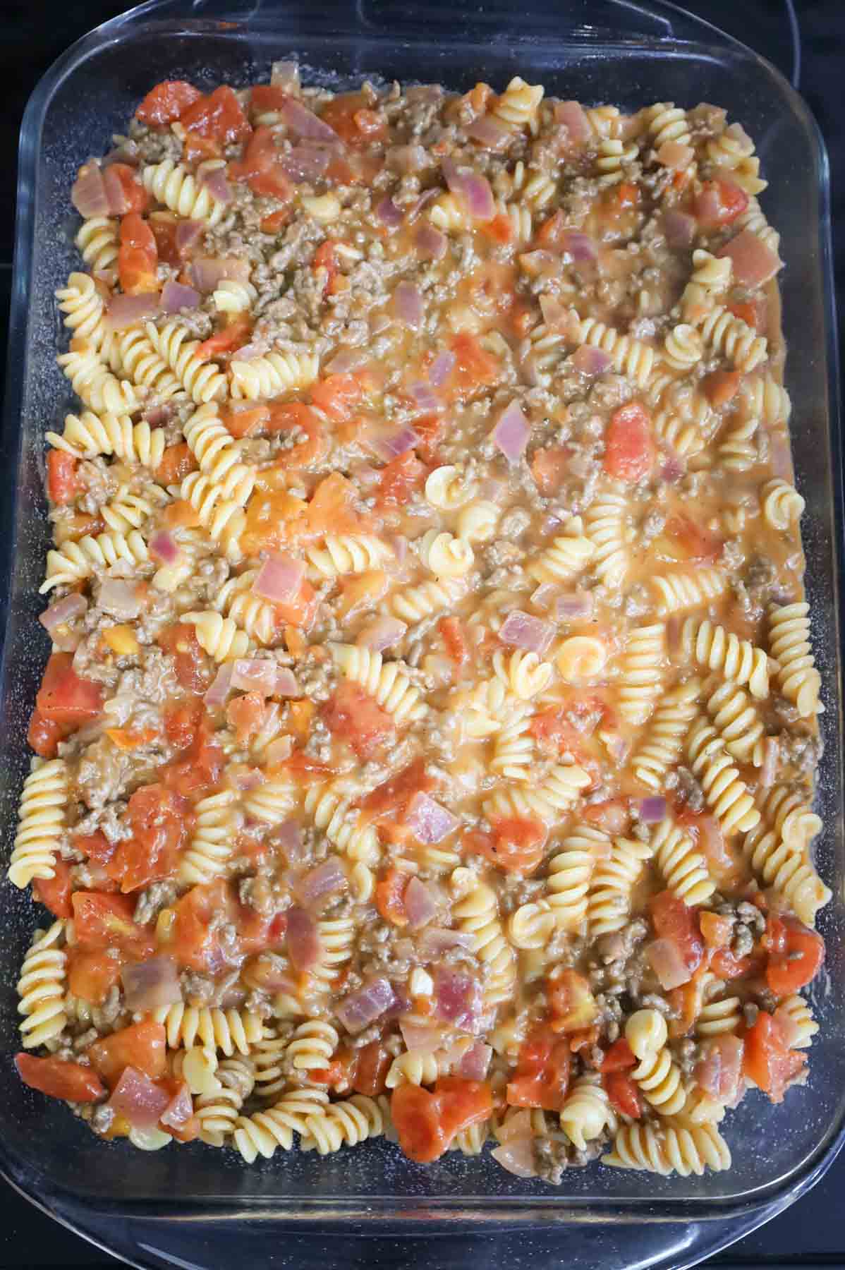 ground beef rotini mixture in a casserole dish
