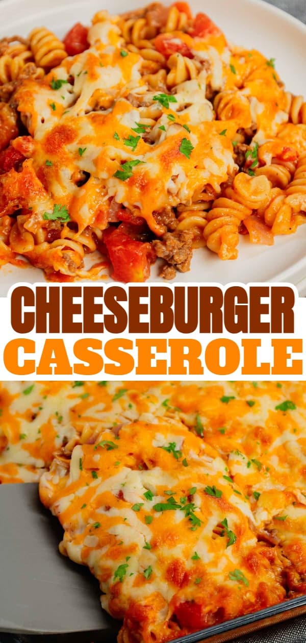 Cheeseburger Casserole is a hearty dish loaded with rotini pasta, ground beef, diced red onions, diced tomatoes, cheddar soup and shredded cheddar cheese.