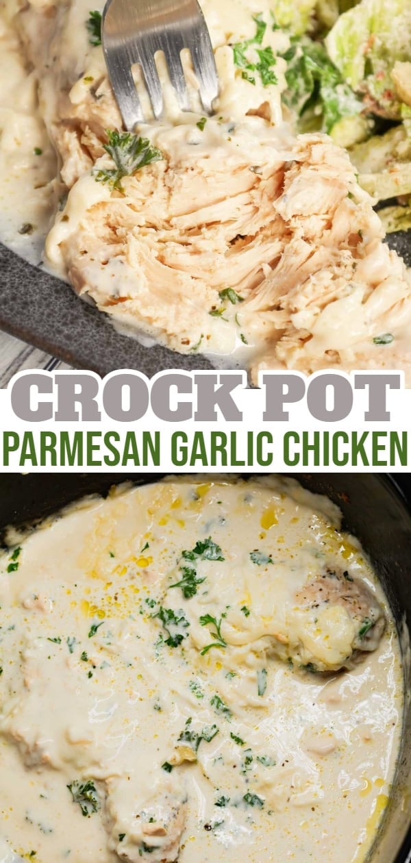 Crock Pot Parmesan Garlic Chicken is a rich and delicious slow cooker dish made with boneless, skinless chicken breasts in a creamy sauce loaded with minced garlic, parmesan cheese, Italian seasoning, fresh chopped parsley, cream cheese and mozzarella cheese.