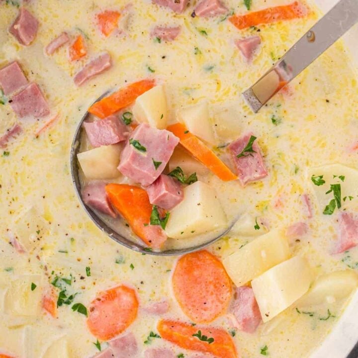 Ham and Potato Soup is a delicious creamy soup loaded with diced ham, sliced carrots and cubed potatoes.