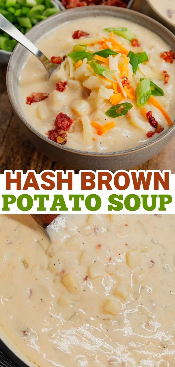 Hash Brown Potato Soup is a hearty soup recipe made with frozen diced hash brown potatoes, chicken broth, milk, diced onions, bacon crumble and cheddar cheese.