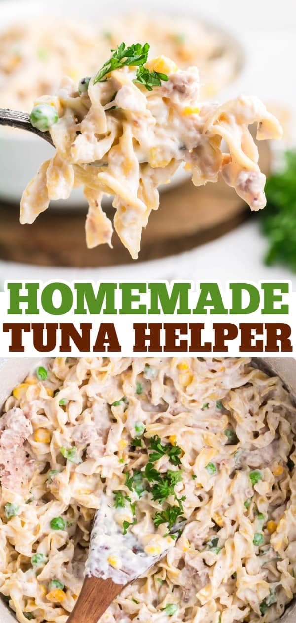 Homemade Tuna Helper is a delicious twist on boxed tuna helper loaded with egg noodles, green peas, corn, cream cheese, parmesan cheese and tuna all in a creamy sauce.