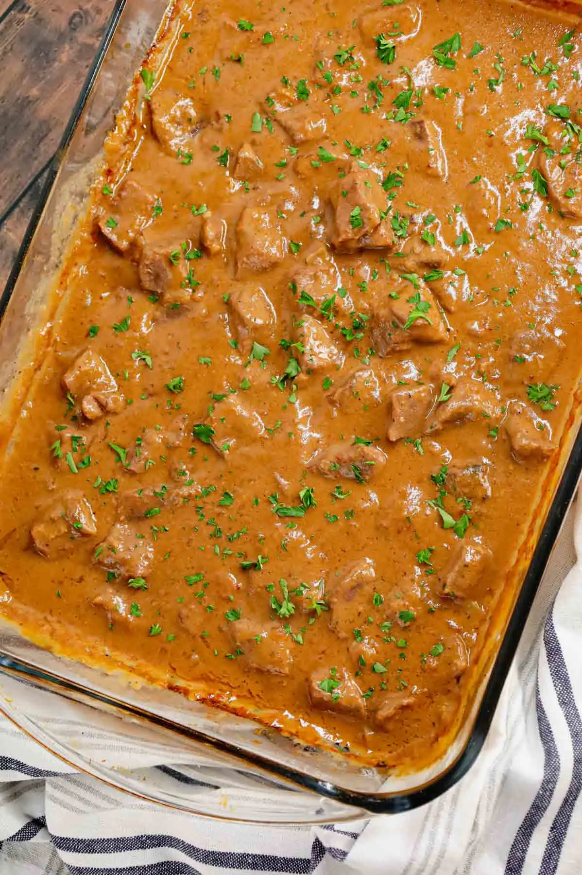 No Peek Beef Tips is a classic comfort food dish with cubes of beef cooked slowly in a delicious gravy made from cream of mushroom soup, beef broth, beef gravy mix and onion soup mix.