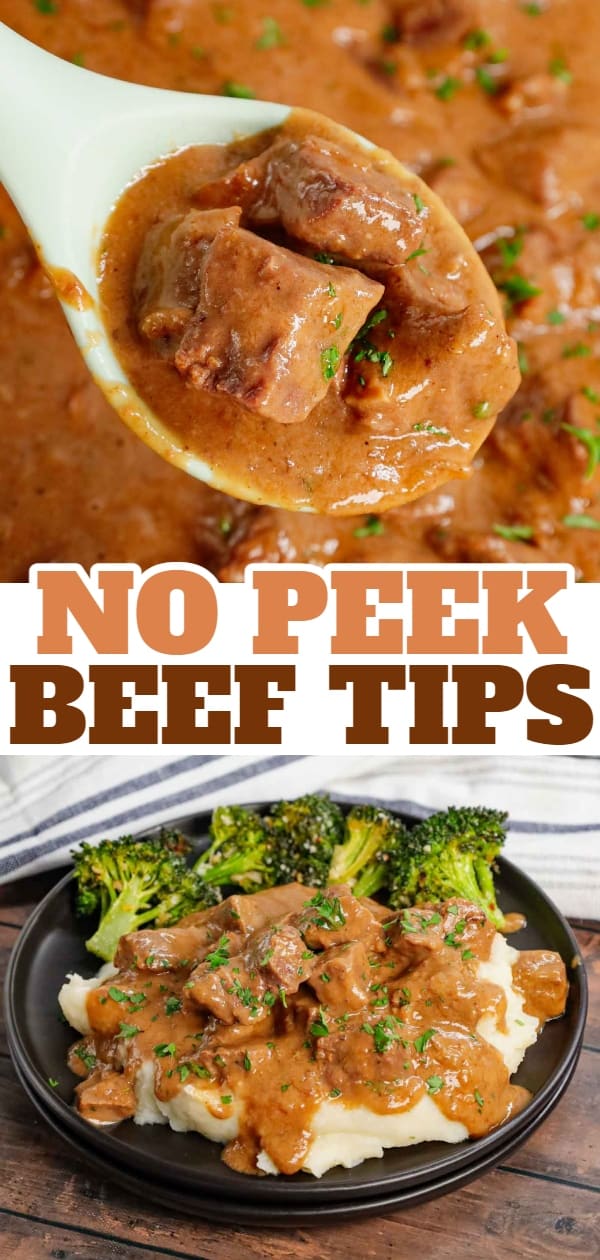 No Peek Beef Tips is a classic comfort food dish with cubes of beef cooked slowly in a delicious gravy made from cream of mushroom soup, beef broth, beef gravy mix and onion soup mix.