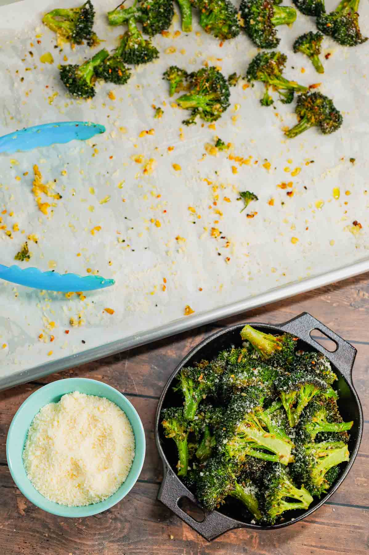 Roasted Broccoli is a simple and delicious side dish made with broccoli florets tossed in olive oil, minced garlic, salt, pepper, Italian seasoning and parmesan cheese and roasted until tender and slightly crispy.