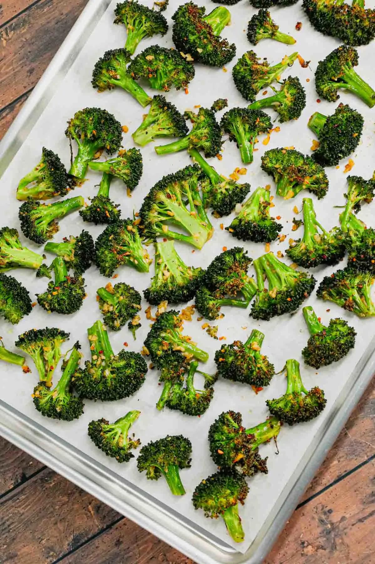 Roasted Broccoli is a simple and delicious side dish made with broccoli florets tossed in olive oil, minced garlic, salt, pepper, Italian seasoning and parmesan cheese and roasted until tender and slightly crispy.