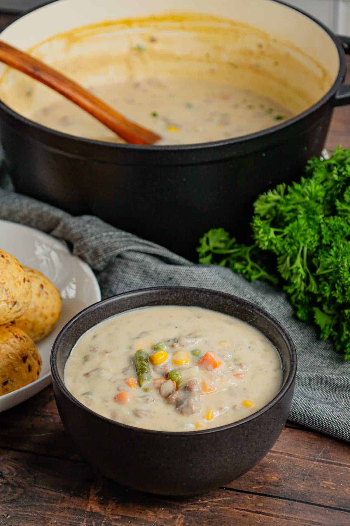 Shepherd's Pie Soup is a hearty soup loaded with instant mashed potatoes, ground beef, chicken broth, half and half, diced onions and frozen mixed vegetables.