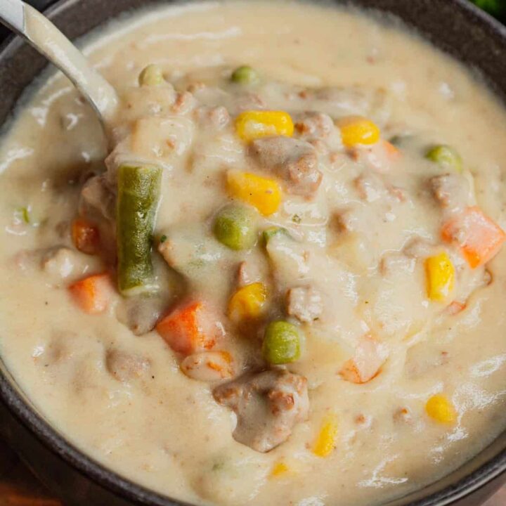 Shepherd's Pie Soup is a hearty soup loaded with instant mashed potatoes, ground beef, chicken broth, half and half, diced onions and frozen mixed vegetables.