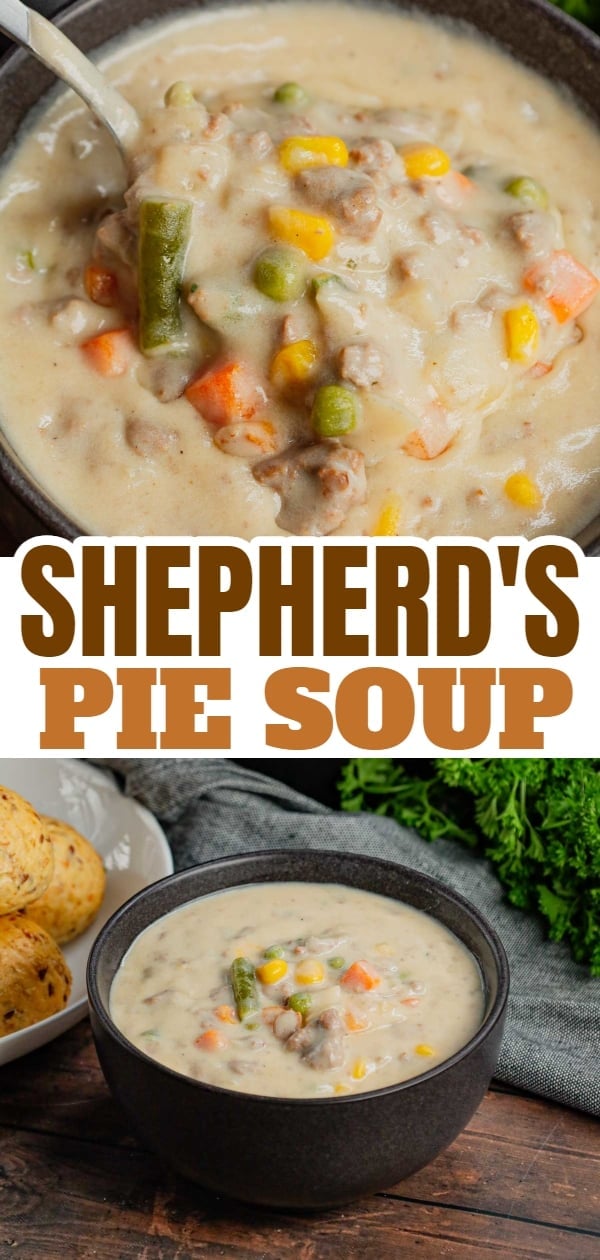 Shepherd's Pie Soup is a hearty soup loaded with instant mashed potatoes, ground beef, chicken broth, half and half, diced onions and frozen mixed vegetables.