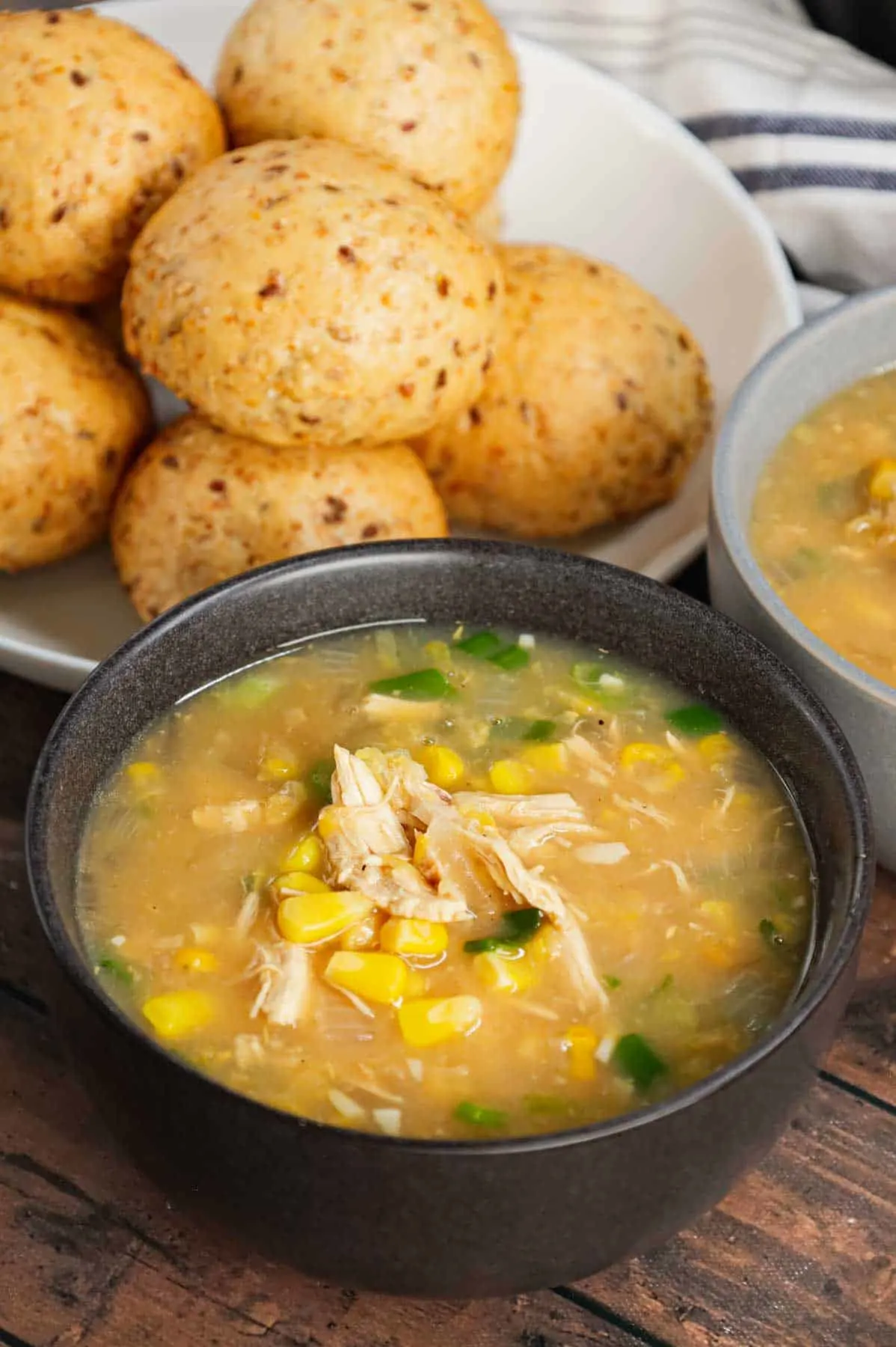 Sweet Corn Chicken Soup is a hearty soup recipe loaded with shredded chicken, corn kernels, cream style corn, minced garlic, minced ginger, soy sauce and green onions all in a tasty broth.
