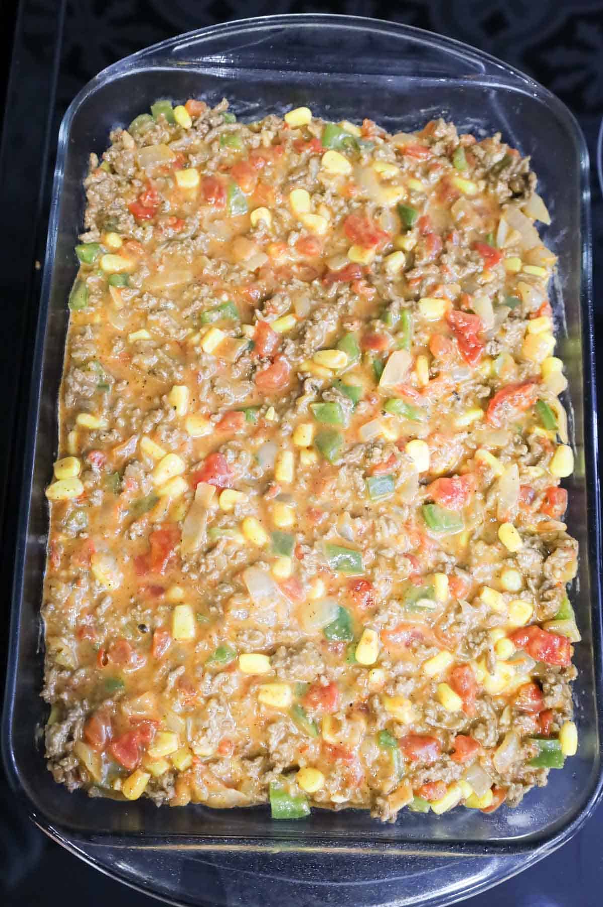 ground beef taco mixture in a baking dish