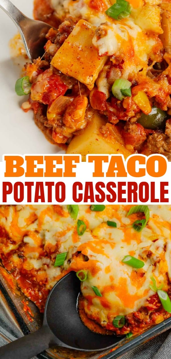 Taco Potato Casserole is a hearty dinner loaded with cubed russet potatoes, ground beef, onions, green bell peppers, Rotel diced tomatoes, salsa, taco seasoning, cheddar soup and shredded cheese.