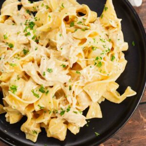 Chicken and Egg Noodles is a simple comfort food dish made with shredded rotisserie chicken, extra broad egg noodles, diced onion, cream of chicken soup and milk.