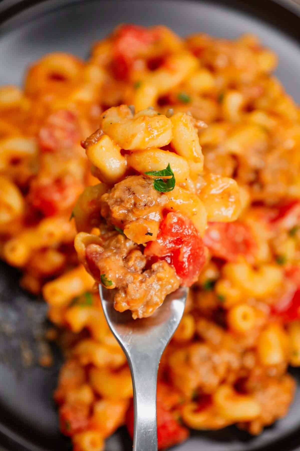 Crock Pot Hamburger Helper is a hearty slow cooker dish loaded with ground beef, diced onions, diced tomatoes, macaroni, cheddar soup and shredded cheddar cheese.