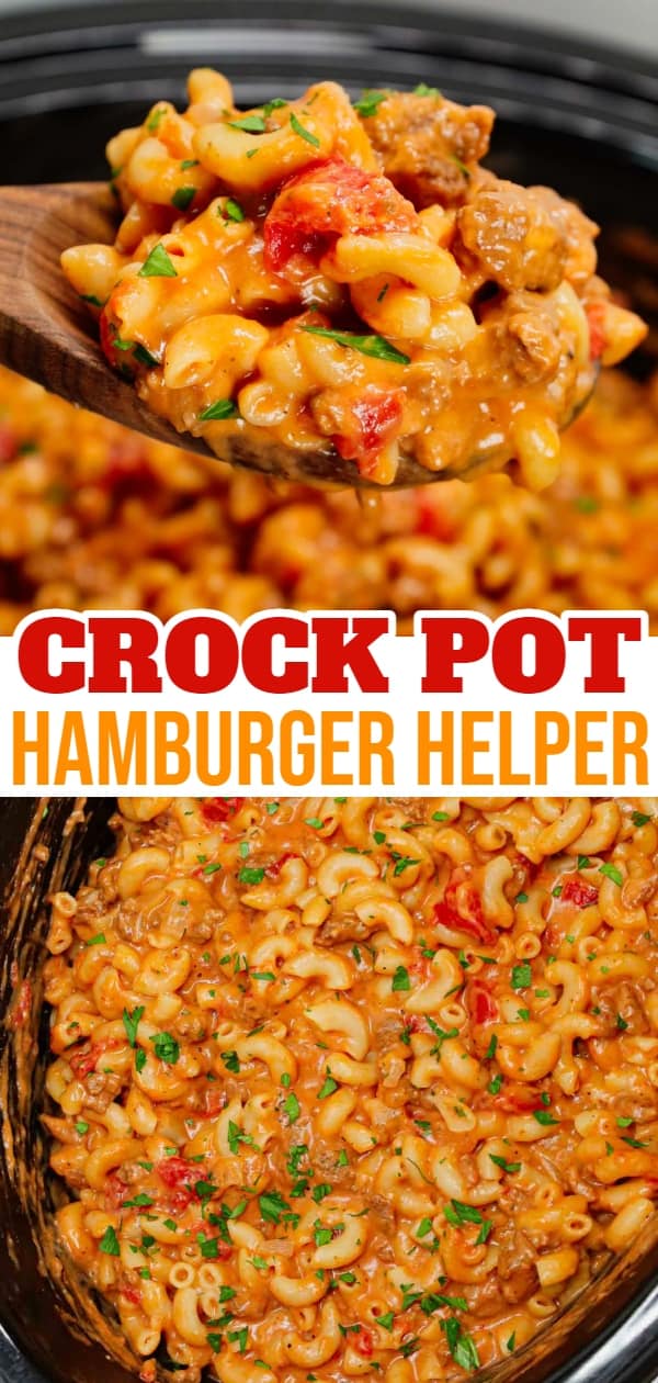 Crock Pot Hamburger Helper is a hearty slow cooker dish loaded with ground beef, diced onions, diced tomatoes, macaroni, cheddar soup and shredded cheddar cheese.