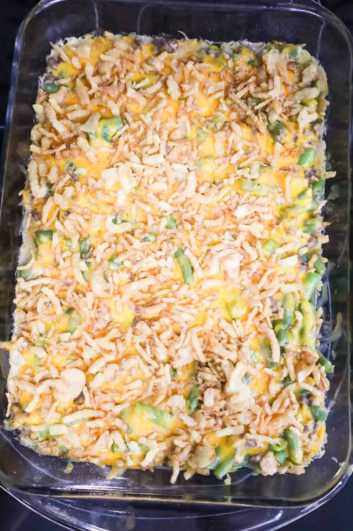 french's crispy fried onions sprinkled on top of cheesy green bean casserole