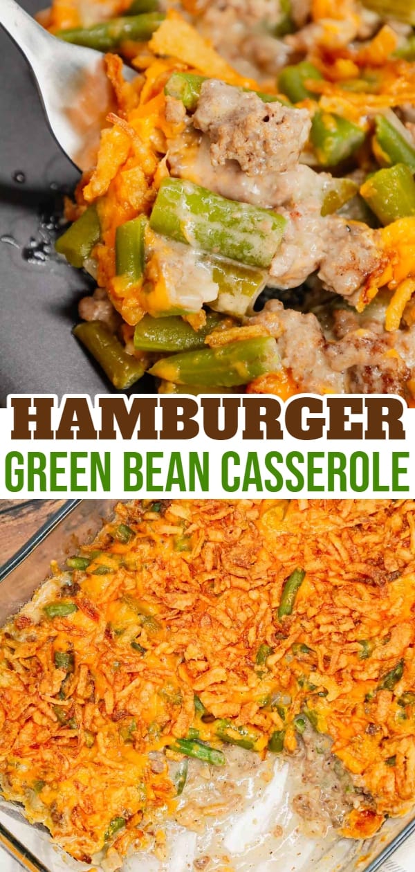 Hamburger Green Bean Casserole is a hearty ground beef casserole recipe loaded with cut green beans, cream of mushroom soup, diced onions, shredded cheddar cheese and French's crispy fried onions.
