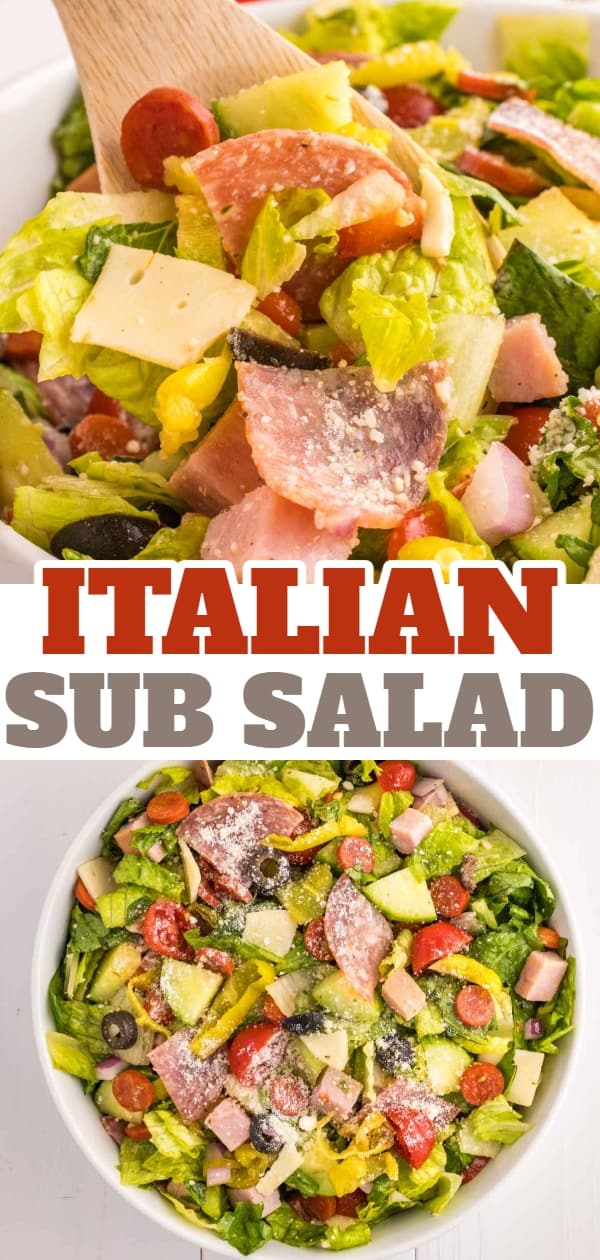 Italian Sub Salad is a delicious dish loaded with romaine, olives, tomatoes, cucumber, ham, pepperoni, peppers, onions and salami all tossed in a red wine vinegar dressing.