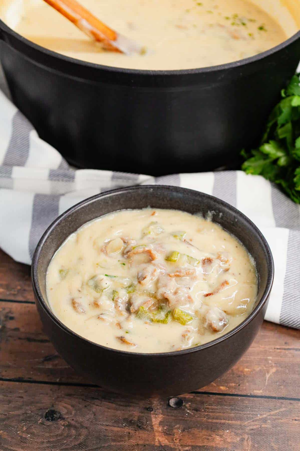 Philly Cheese Steak Soup is a hearty soup loaded with chopped deli roast beef, diced onions, green bell peppers, sliced mushrooms and provolone cheese.