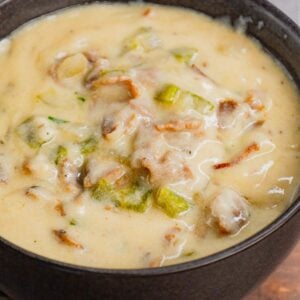 Philly Cheese Steak Soup is a hearty soup loaded with chopped deli roast beef, diced onions, green bell peppers, sliced mushrooms and provolone cheese.