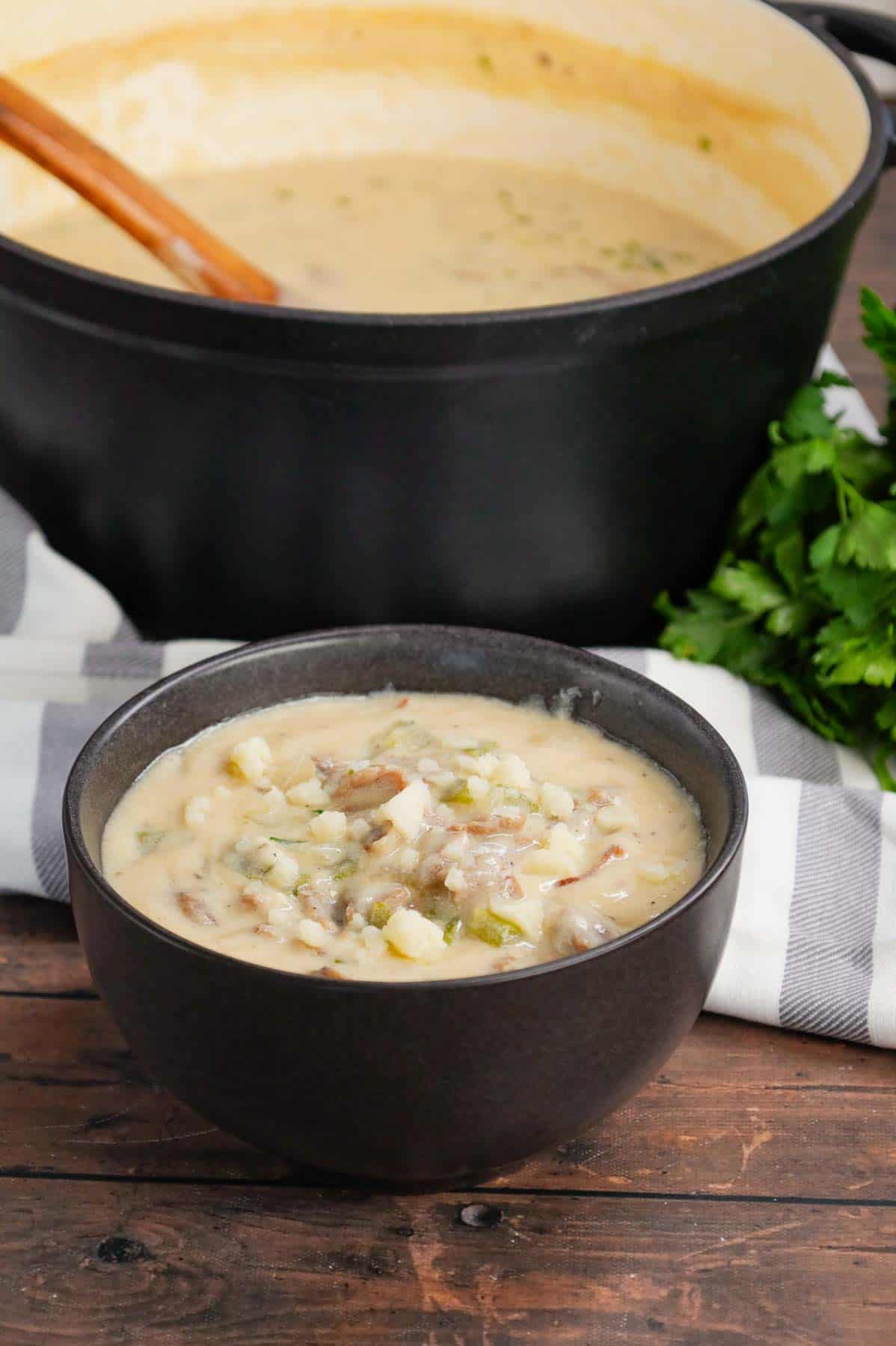 Philly Cheese Steak Soup is a hearty soup loaded with chopped deli roast beef, diced onions, green bell peppers, sliced mushrooms and provolone cheese.