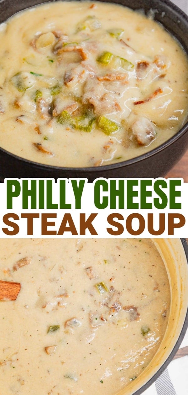 Philly Cheese Steak Soup is a hearty soup loaded with chopped deli roast beef, diced onions, green bell peppers, sliced mushrooms and provolone cheese.