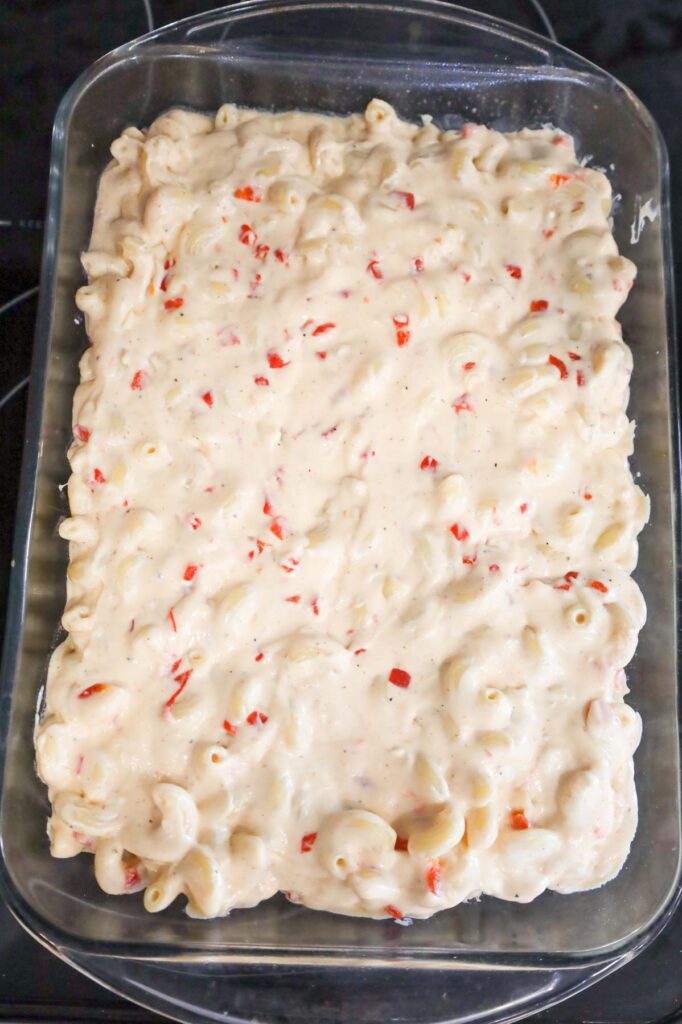 pimento mac and cheese in a baking dish